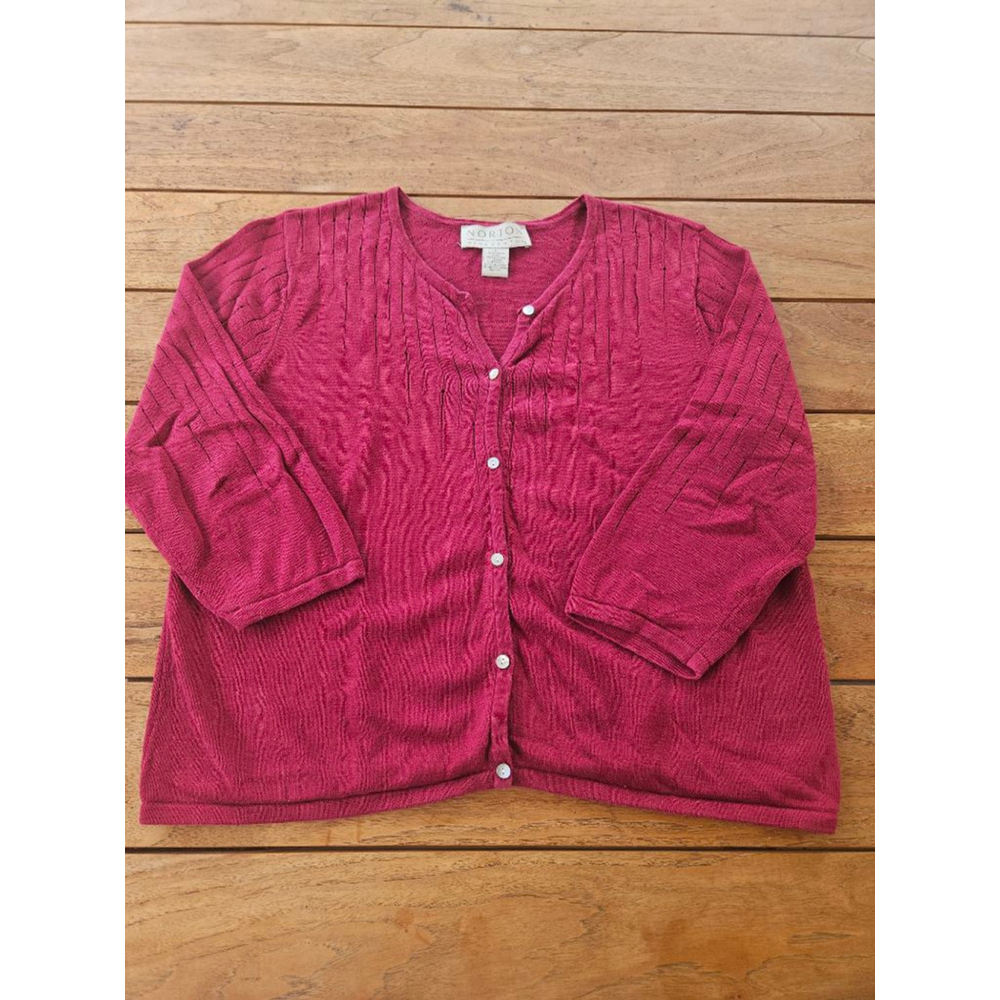 Vintage Norton McNaughton Linen Cotton Cardigan L Pink 3/4 Sleeve